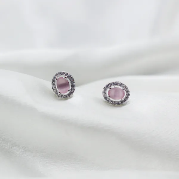 Pink_&_Silver_Rose_Halo_Oval_American_Diamond_Earrings__For_Women