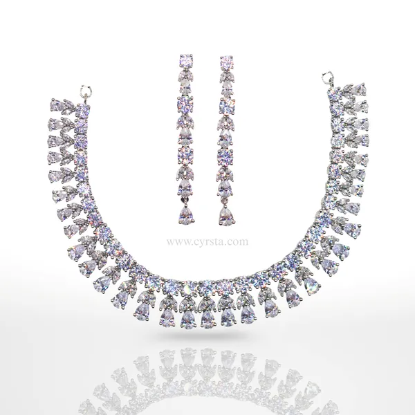 Silver_Brilliant_American_Diamond_Necklace_&_Earring_Set__For_Women