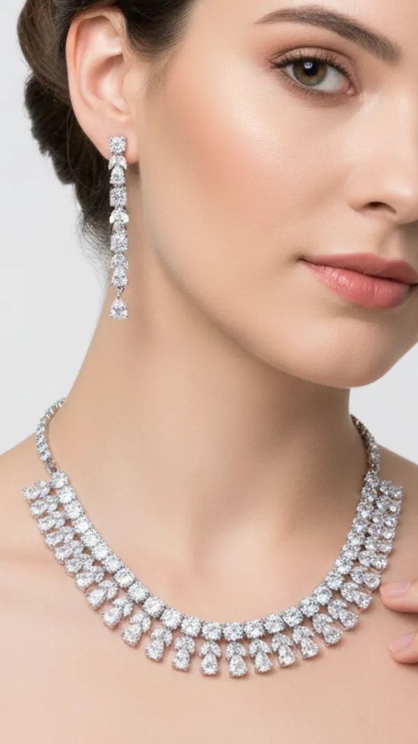 Silver_Brilliant_American_Diamond_Necklace_&_Earring_Set__For_Women