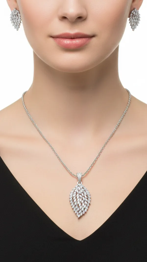 White_Leaf_Mist_AAA_Grade_American_Diamond_Pendant_And_Earring_Rhodium_Plating_Set_For_Women