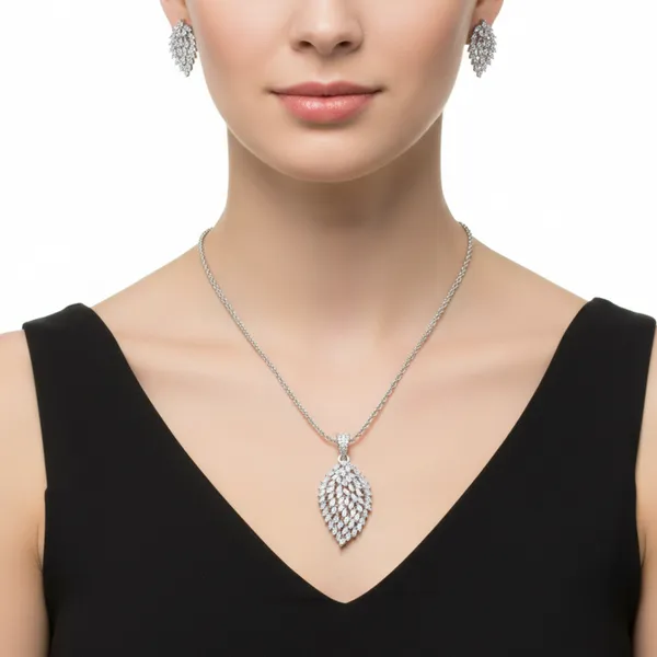White_Leaf_Mist_AAA_Grade_American_Diamond_Pendant_And_Earring_Rhodium_Plating_Set_For_Women