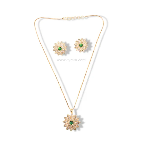 Gold_&_Green_Emerald_Glow_American_Diamond_Pendant_&_Earring_Set_For_Women