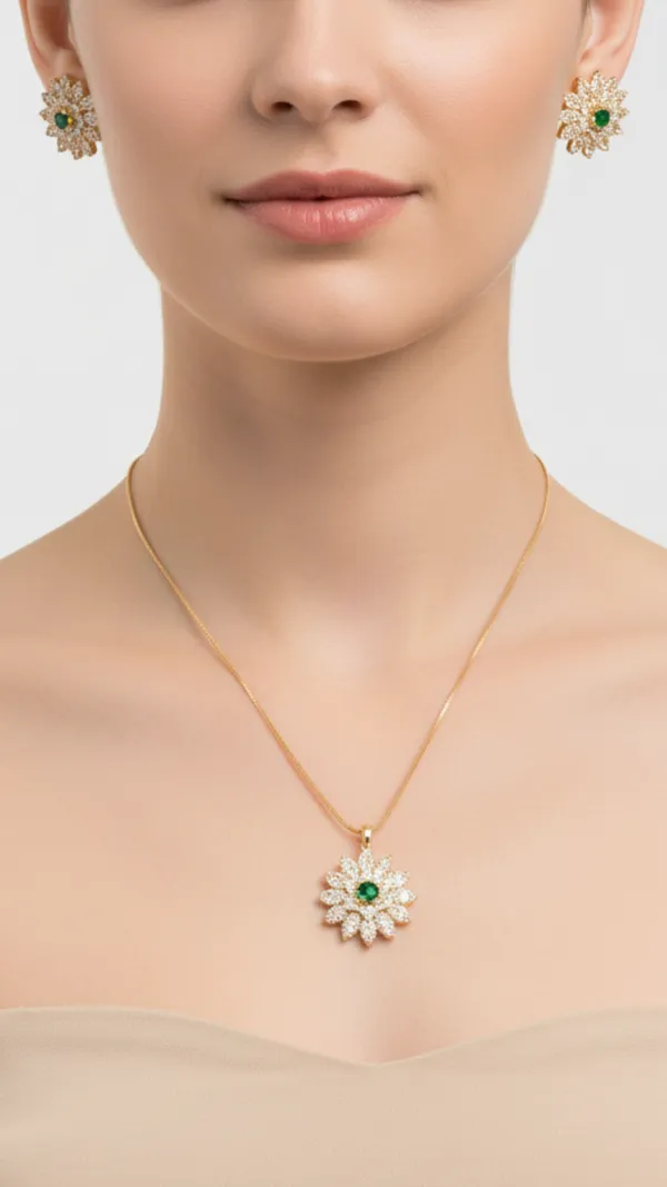Gold_&_Green_Emerald_Glow_American_Diamond_Pendant_&_Earring_Set_For_Women