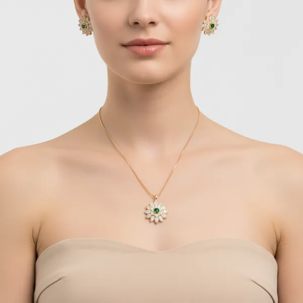 Gold_&_Green_Emerald_Glow_American_Diamond_Pendant_&_Earring_Set_For_Women