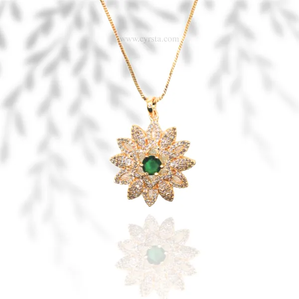 Gold_&_Green_Emerald_Glow_American_Diamond_Pendant_&_Earring_Set_For_Women