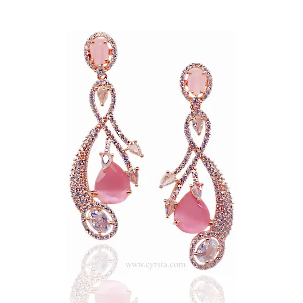 Rose_Gold_&_Pink_Rose_Halo_AAA_Grade_American_Diamond_Drop_Earrings_Rhodium_Plating_For_Women