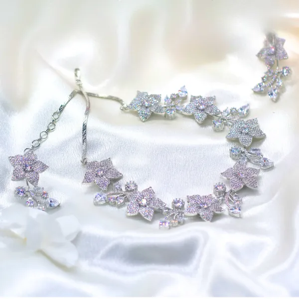 Silver_Starlight_White_American_Diamond_Necklace_&_Earring_Set__For_Women