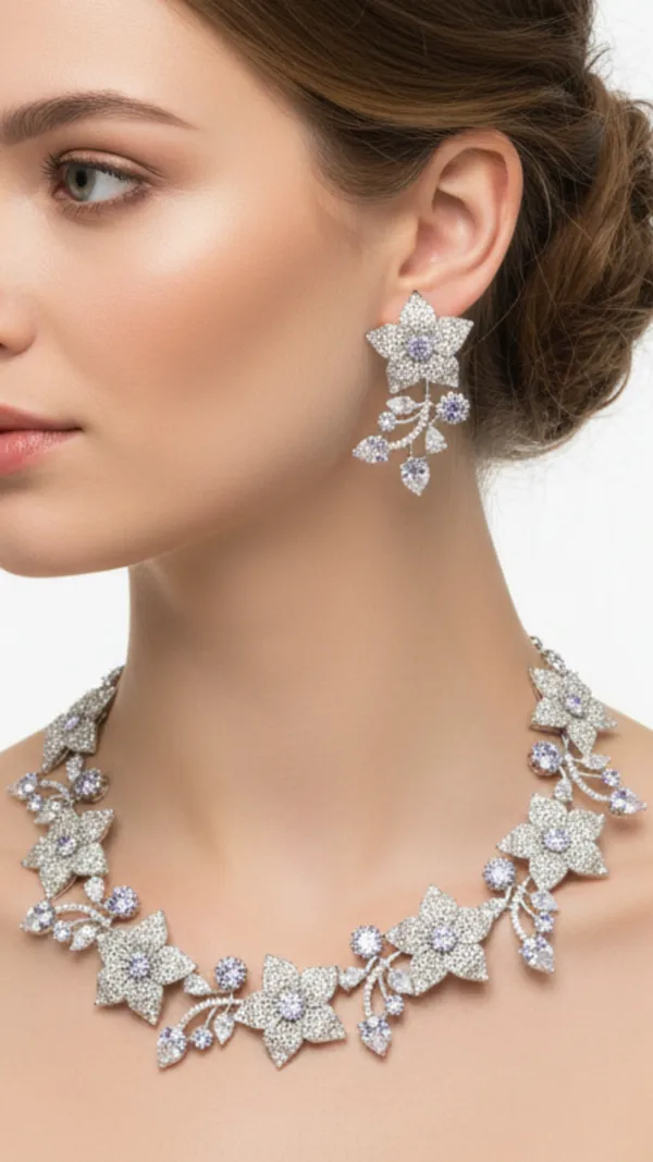 Silver_Starlight_White_American_Diamond_Necklace_&_Earring_Set__For_Women