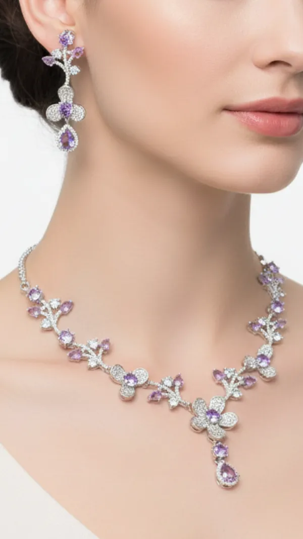 Lavender_&_Silver_Amethyst_Floral_American_Diamond_Necklace_&_Earring_Set_For_Women