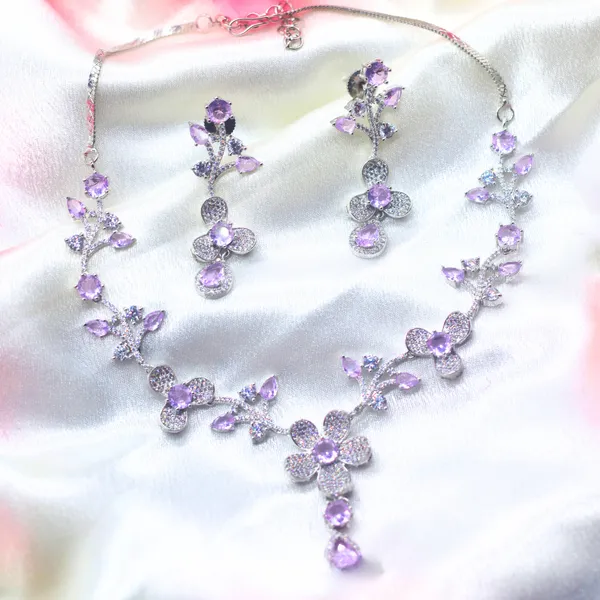 Lavender_&_Silver_Amethyst_Floral_American_Diamond_Necklace_&_Earring_Set_For_Women
