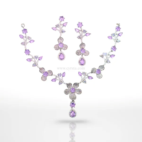 Lavender_&_Silver_Amethyst_Floral_American_Diamond_Necklace_&_Earring_Set_For_Women