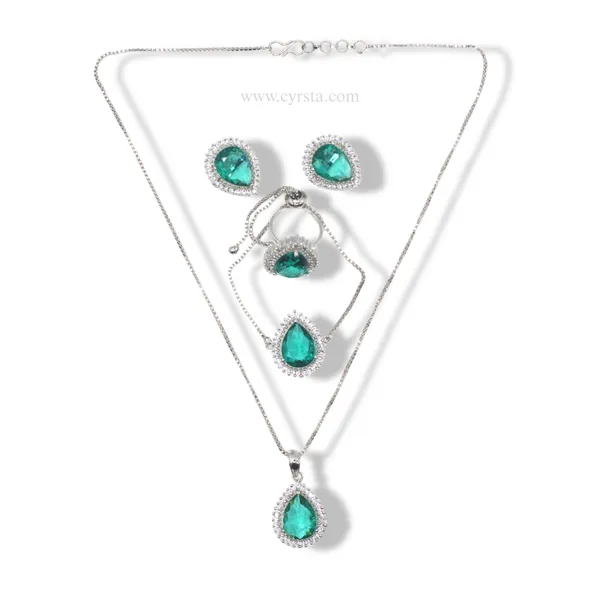 Teal_Green_Goddess_American_Diamond_Pendant_&_Earring_Set__For_Women