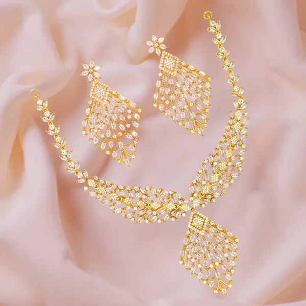 Gold_Filigree_Cascade_AAA_Grade_American_Diamond_Necklace_&_Earring_Rhodium_Plating_Set__For_Women