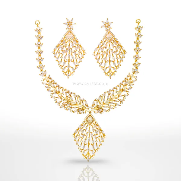 Gold_Filigree_Cascade_AAA_Grade_American_Diamond_Necklace_&_Earring_Rhodium_Plating_Set__For_Women