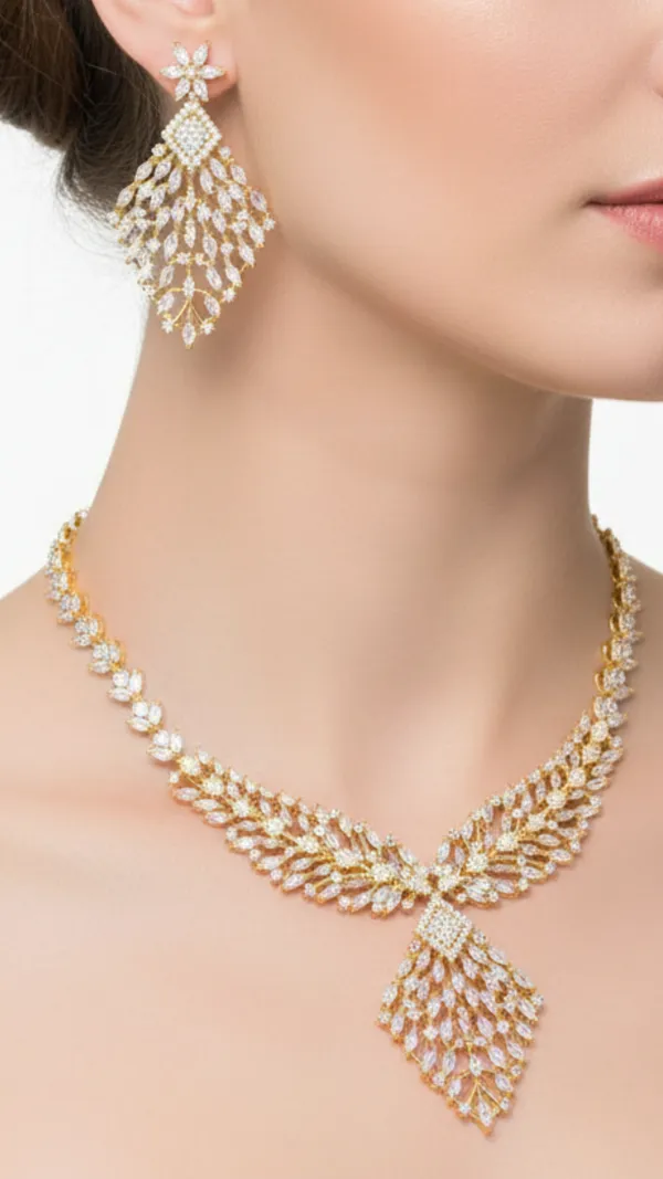 Gold_Filigree_Cascade_AAA_Grade_American_Diamond_Necklace_&_Earring_Rhodium_Plating_Set__For_Women