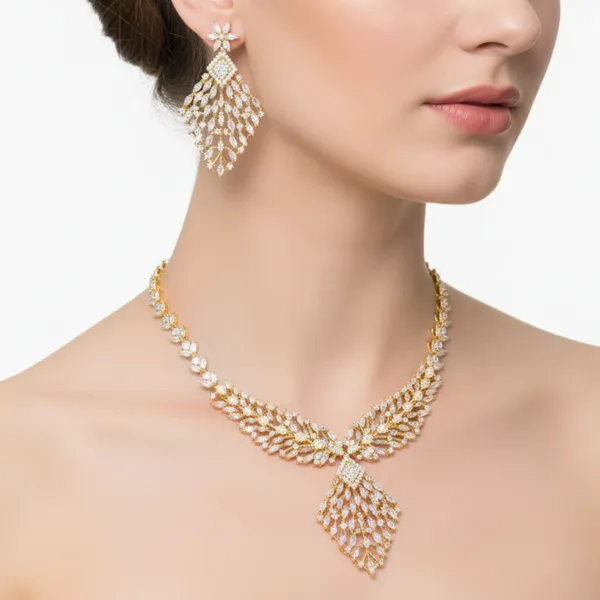 Gold_Filigree_Cascade_AAA_Grade_American_Diamond_Necklace_&_Earring_Rhodium_Plating_Set__For_Women