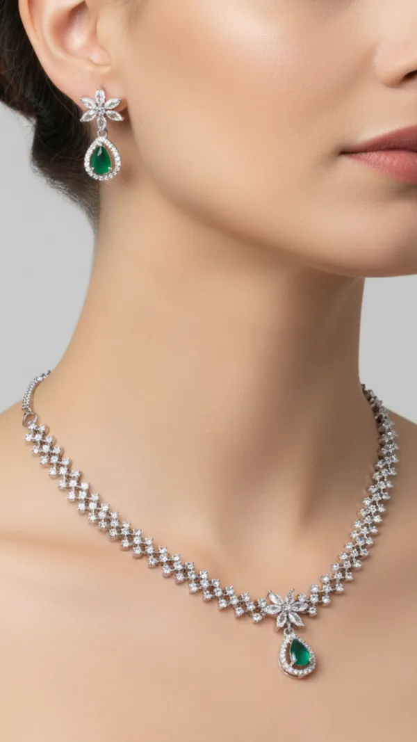 Emerald_Petal_Charm_CZ_American_Diamond_Necklace_and_Earring_set_for_Women