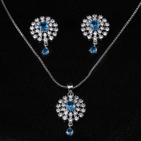 Silver_&_Blue_Mist_AAA_Grade_American_Diamond_Pendant_&_Earring_Rhodium_Plating_Set__For_Women
