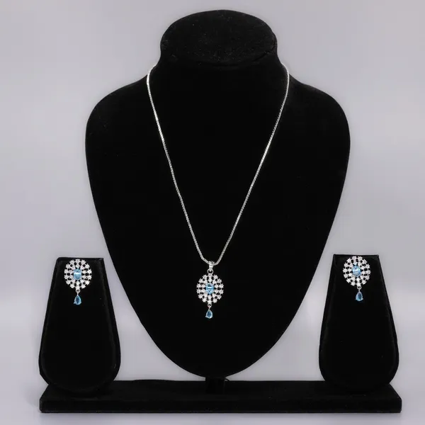 Silver_&_Blue_Mist_AAA_Grade_American_Diamond_Pendant_&_Earring_Rhodium_Plating_Set__For_Women