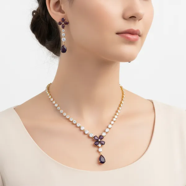 Purple_&_Gold_Floral_Elegance_American_Diamond_Necklace_&_Earring_Set__For_Women