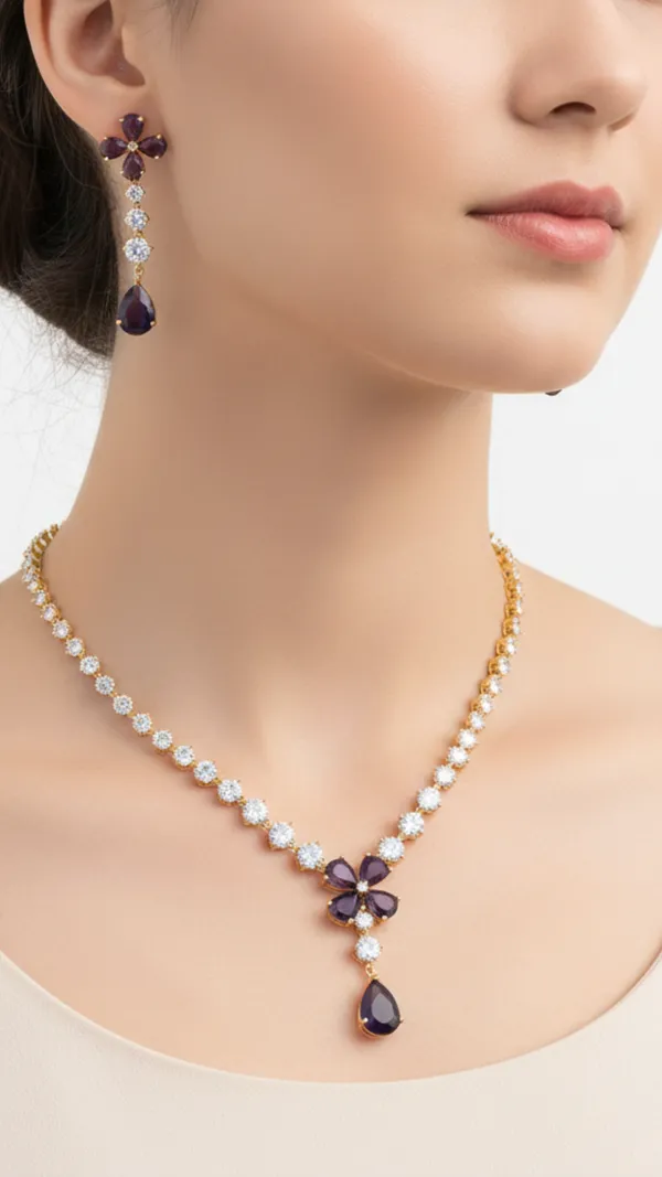 Purple_&_Gold_Floral_Elegance_American_Diamond_Necklace_&_Earring_Set__For_Women