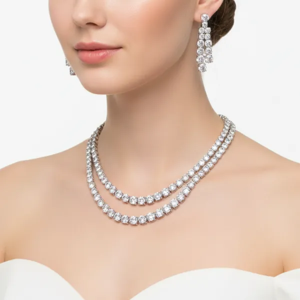 Silver_Double_Layer_American_Diamond_Necklace_&_Earring_Set__For_Women
