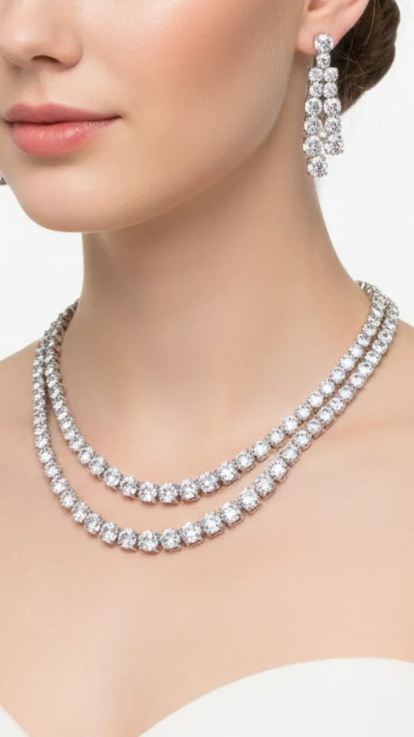 Silver_Double_Layer_American_Diamond_Necklace_&_Earring_Set__For_Women