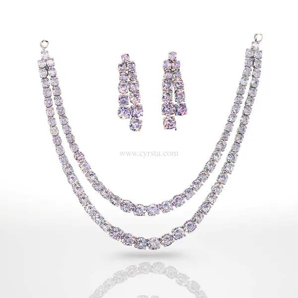 Silver_Double_Layer_American_Diamond_Necklace_&_Earring_Set__For_Women