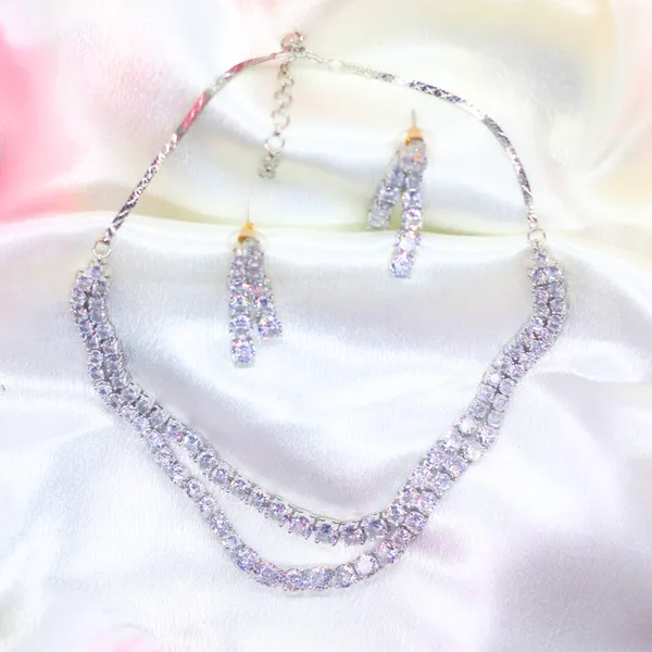 Silver_Double_Layer_American_Diamond_Necklace_&_Earring_Set__For_Women