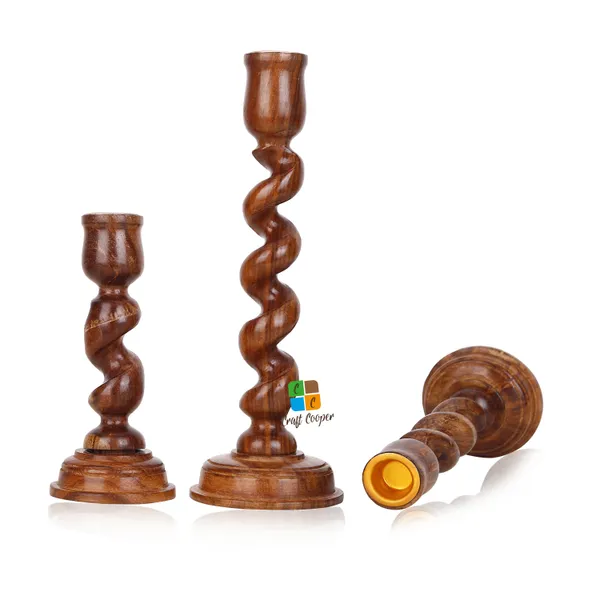 Craft_Cooper_Decorative_Wooden_Spiral_Pillar_Candle_Stand_Set_of_3_|_Handcrafted_Wooden_Candle_Holders_for_Living_Room|_Table_Centerpiece_|