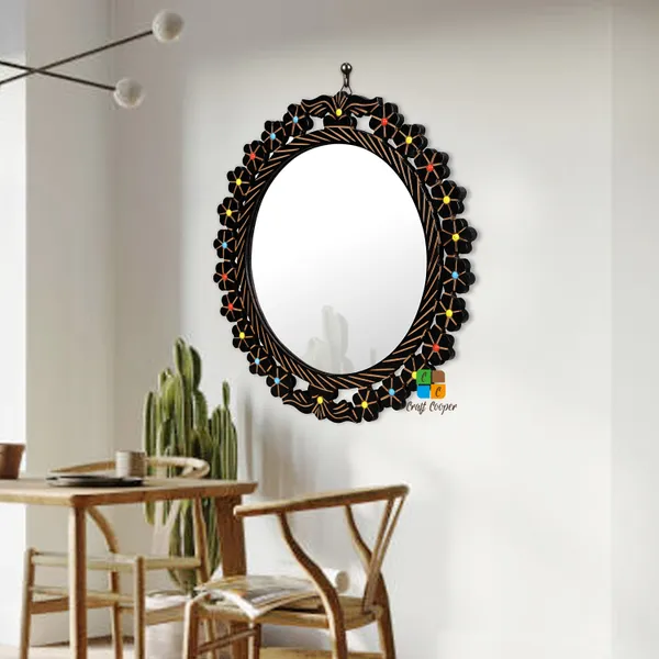 Craft_Cooper_Deluxe_Wood_Carver_Round_Wall_Mount_Wooden_Antique_Frame_with_Mirror_Living_Room_Decor,_Brown