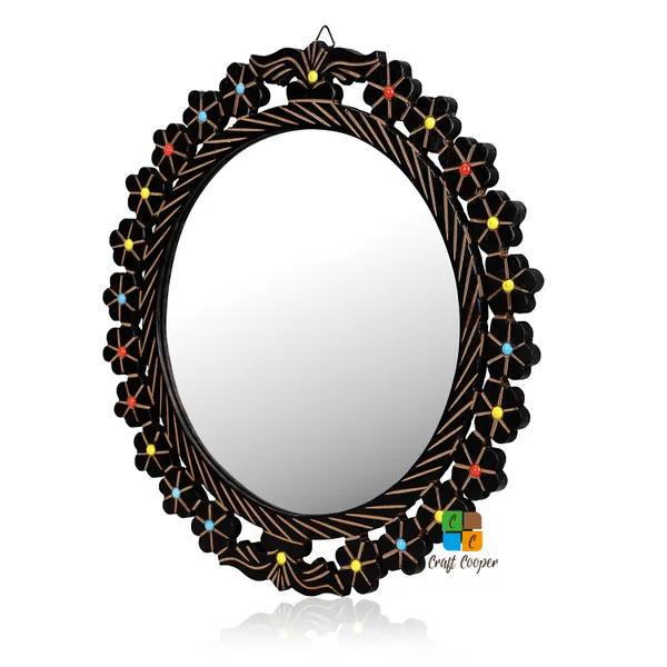 Craft_Cooper_Deluxe_Wood_Carver_Round_Wall_Mount_Wooden_Antique_Frame_with_Mirror_Living_Room_Decor,_Brown