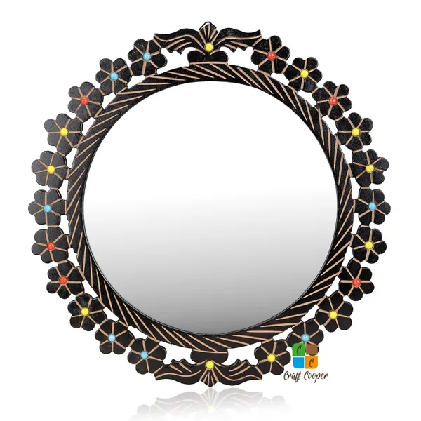 Craft_Cooper_Deluxe_Wood_Carver_Round_Wall_Mount_Wooden_Antique_Frame_with_Mirror_Living_Room_Decor,_Brown