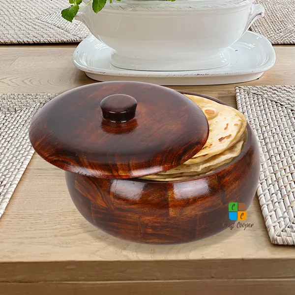 Craft_Cooper_Sheesham_Wood_Round_Chapati_Box,_Roti_Storage_Container,_Hot_Pot_Kitchen_-Size(21_x_21_x_10cm)