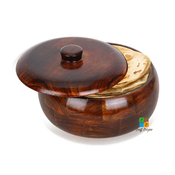 Craft_Cooper_Sheesham_Wood_Round_Chapati_Box,_Roti_Storage_Container,_Hot_Pot_Kitchen_-Size(21_x_21_x_10cm)