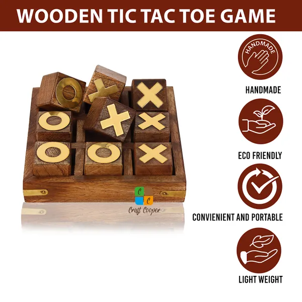 Craft_Cooper_Tic_Tac_Toe_Board_Games,_Indian_Wooden_Brass_Inserts,_Ideal_for_Kids_and_Adults,_Play_Decoration_for_Coffee_Table_Night_Family_Indoor_Outdoor_Travel_Unique_Gifts