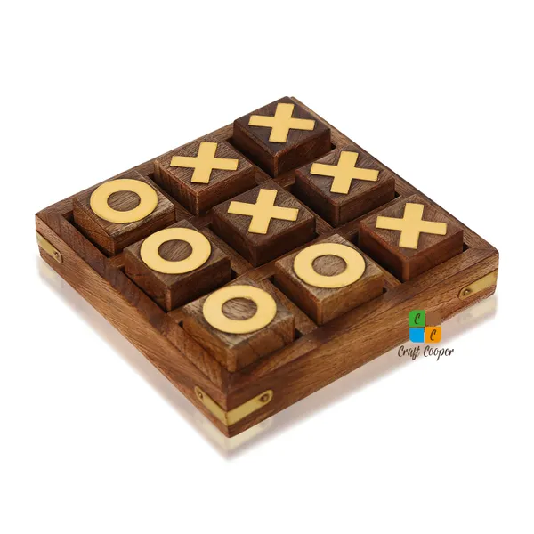Craft_Cooper_Tic_Tac_Toe_Board_Games,_Indian_Wooden_Brass_Inserts,_Ideal_for_Kids_and_Adults,_Play_Decoration_for_Coffee_Table_Night_Family_Indoor_Outdoor_Travel_Unique_Gifts