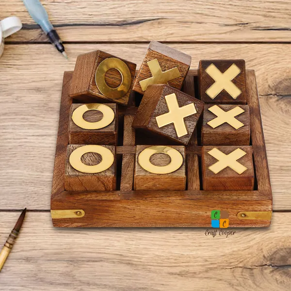 Craft_Cooper_Tic_Tac_Toe_Board_Games,_Indian_Wooden_Brass_Inserts,_Ideal_for_Kids_and_Adults,_Play_Decoration_for_Coffee_Table_Night_Family_Indoor_Outdoor_Travel_Unique_Gifts
