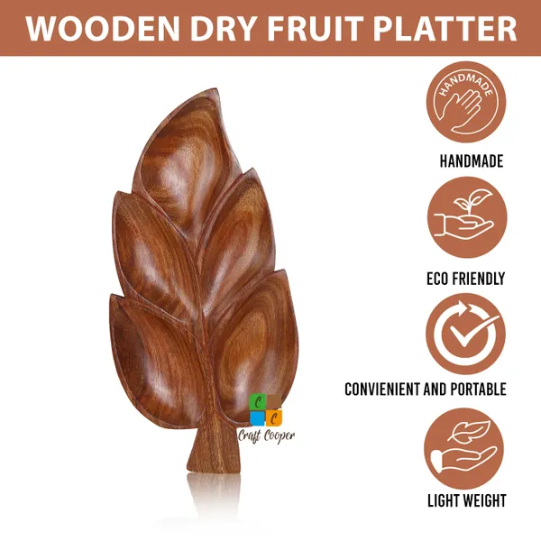 Craft_Cooper_Wooden_Antique_Handmade_Handicraft_5_Slots_Leaf_Shape_Serving_Tray_Platter_for_Snacks_&_Dry_Fruits,_Brown