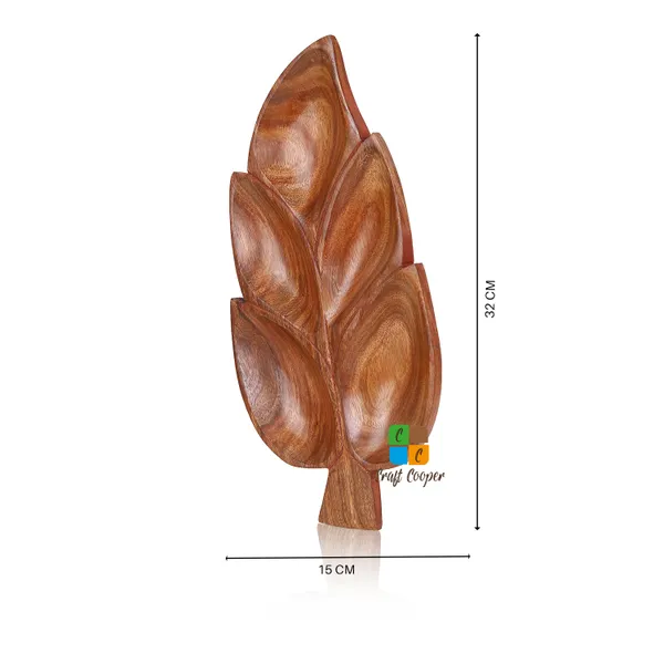 Craft_Cooper_Wooden_Antique_Handmade_Handicraft_5_Slots_Leaf_Shape_Serving_Tray_Platter_for_Snacks_&_Dry_Fruits,_Brown