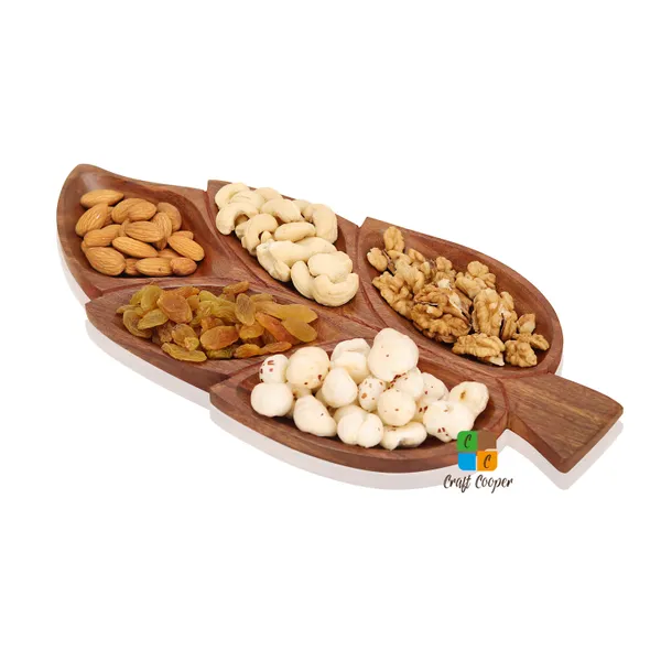 Craft_Cooper_Wooden_Antique_Handmade_Handicraft_5_Slots_Leaf_Shape_Serving_Tray_Platter_for_Snacks_&_Dry_Fruits,_Brown