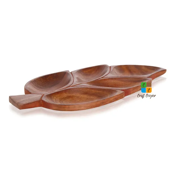 Craft_Cooper_Wooden_Antique_Handmade_Handicraft_5_Slots_Leaf_Shape_Serving_Tray_Platter_for_Snacks_&_Dry_Fruits,_Brown