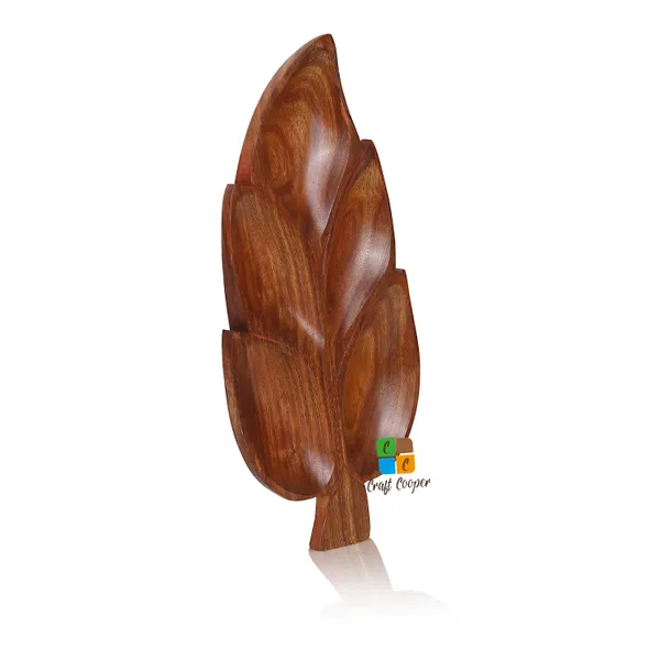 Craft_Cooper_Wooden_Antique_Handmade_Handicraft_5_Slots_Leaf_Shape_Serving_Tray_Platter_for_Snacks_&_Dry_Fruits,_Brown