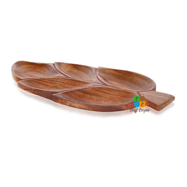 Craft_Cooper_Wooden_Antique_Handmade_Handicraft_5_Slots_Leaf_Shape_Serving_Tray_Platter_for_Snacks_&_Dry_Fruits,_Brown