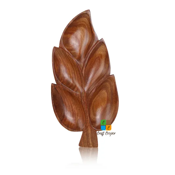 Craft_Cooper_Wooden_Antique_Handmade_Handicraft_5_Slots_Leaf_Shape_Serving_Tray_Platter_for_Snacks_&_Dry_Fruits,_Brown