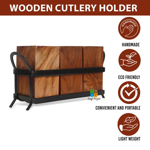 Craft_Cooper_Wooden_Cutlery_Holder_for_Dining_Table_with_3_Wooden_jar_and_one_Wrought_Iron_Stand