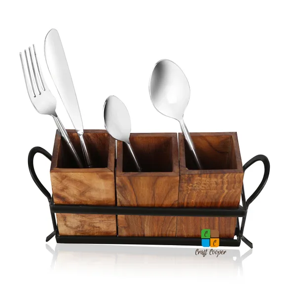 Craft_Cooper_Wooden_Cutlery_Holder_for_Dining_Table_with_3_Wooden_jar_and_one_Wrought_Iron_Stand