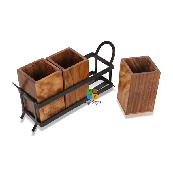 Craft_Cooper_Wooden_Cutlery_Holder_for_Dining_Table_with_3_Wooden_jar_and_one_Wrought_Iron_Stand