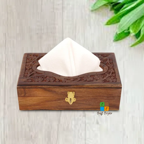 Craft_Cooper_Wooden_Tissue_Box_8*5_Inch_Hand_Carved_Floral_Brass_with_Safety_Lock_Office_Desk_Accessory,_Decorative_Piece,_Multipurpose_Use,_Handmade_Craftsmanship_Vanity_Box__(Brown)