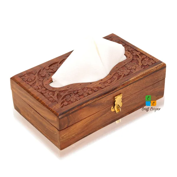 Craft_Cooper_Wooden_Tissue_Box_8*5_Inch_Hand_Carved_Floral_Brass_with_Safety_Lock_Office_Desk_Accessory,_Decorative_Piece,_Multipurpose_Use,_Handmade_Craftsmanship_Vanity_Box__(Brown)
